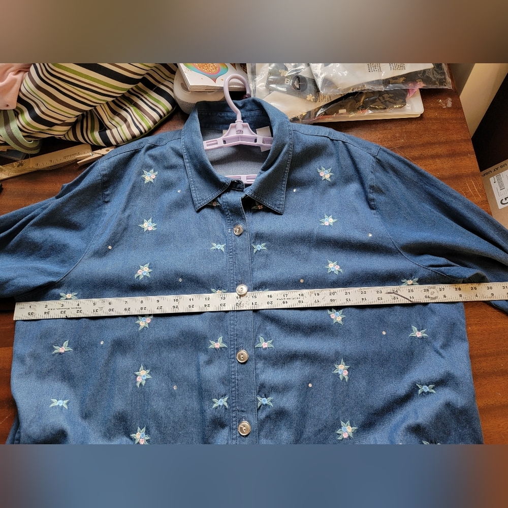 Embroidered Denim Button-Up Shirt Jacket With Subtle Rhinestones - Picture 3 of 16